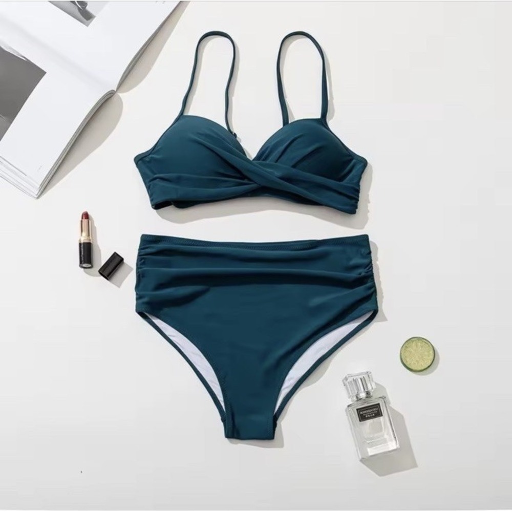 New Women's 2 Piece High Waist and Wrap Top Bikini Swimsuit Sea Blue Green XL - Picture 4 of 16